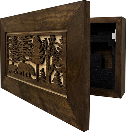 Bellewood Designs - Wood Gun Cabinet Bears In The Woods Wall Decoration - Hidden Gun Safe To Securely Store Your Gun In Plain Sigh