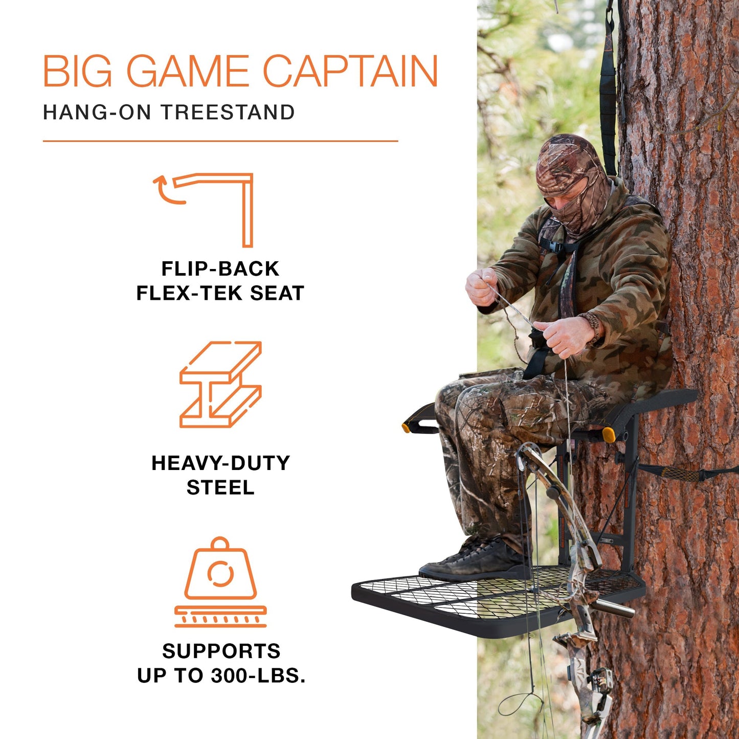 Big Game Captain Steel Hang - On Treestand with 14" x 12" Flip - Back Seat, Black - Angler's Pro Tackle & Outdoors