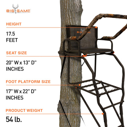 Big Game Striker XL 17.5' Ladder Treestand with Flip - Back Seat and Rail, Black - Angler's Pro Tackle & Outdoors