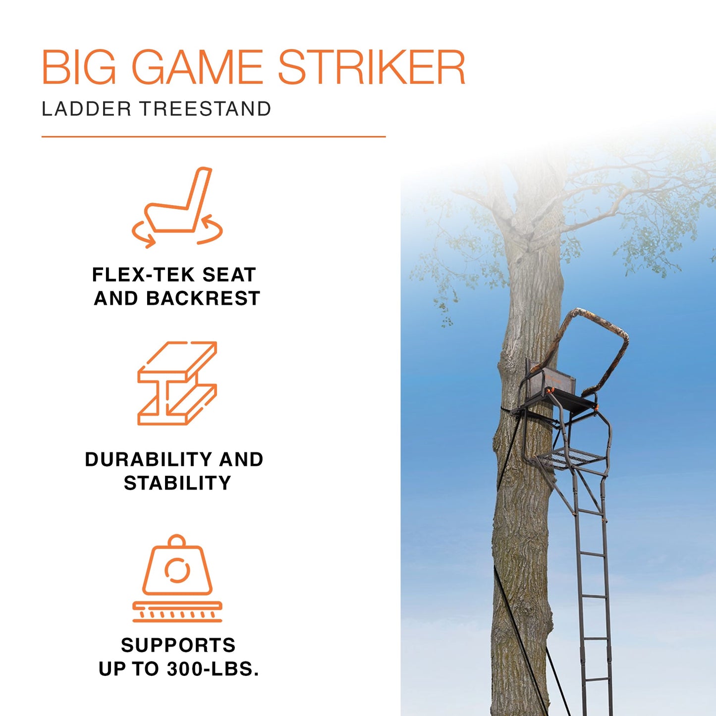 Big Game Striker XL 17.5' Ladder Treestand with Flip - Back Seat and Rail, Black - Angler's Pro Tackle & Outdoors