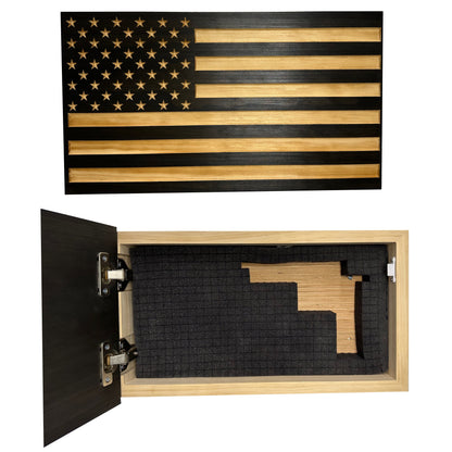 Bellewood Designs - Carved American Flag Decorative Wall-Mounted Secure Gun Cabinet