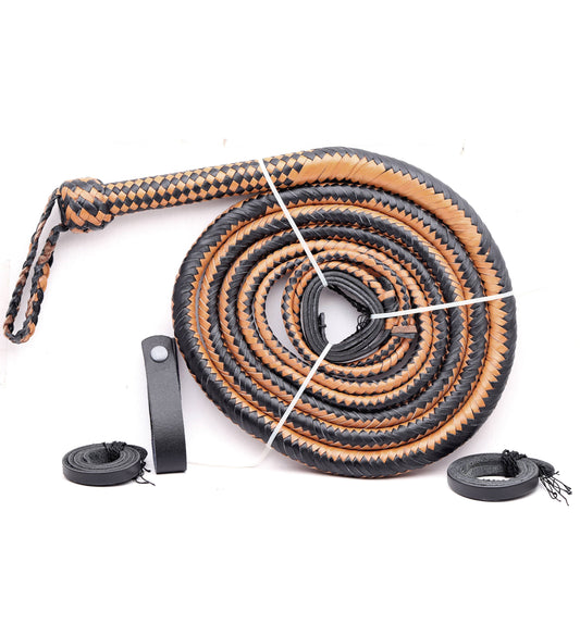 KBS Knives Tan & Black Leather Bull Whip – Handmade 16-Plait Performance Whip