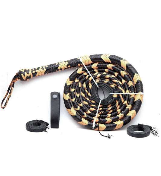 KBS Knives Yellow & Black Leather Bull Whip – Handmade Braided Whip