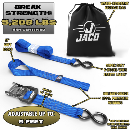 Jaco Tie Down Ratchet Straps with Soft Loops (1.6 in x 8 ft) - Heavy Duty Set | AAR Certified Break Strength (5,208 lbs)
