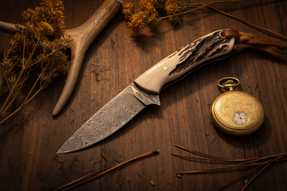 Frontier Cowboy Gear Horizontal Carry Western Knife – Damascus Steel & Antler Horn Handle with Leather Sheath | 7"