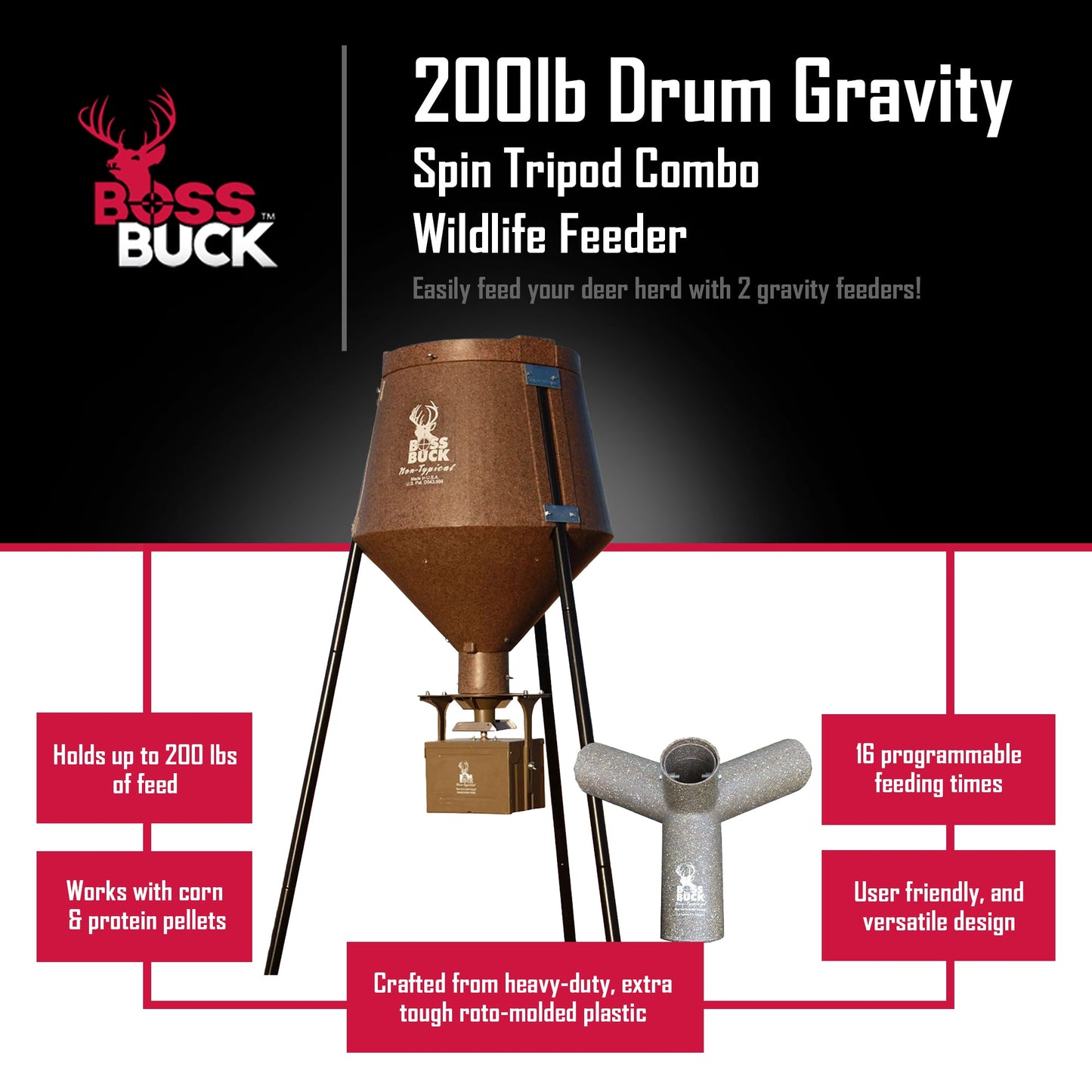 Boss Buck Texas 2 Step 200 Pound Drum Gravity Spin Tripod Combo Wildlife Feeder - Angler's Pro Tackle & Outdoors