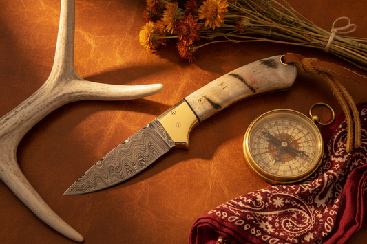 Frontier Cowboy Gear Wild West Knife – Damascus Steel, Sheep Horn Handle & Brass Bolster | 6.25"