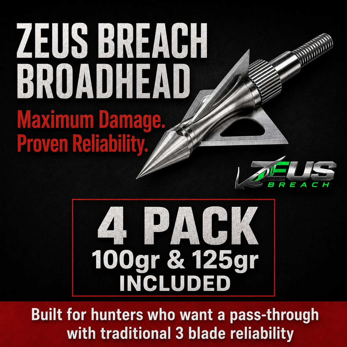 Killz ZEUS BREACH BROADHEADS (4 PACK)-COMES WITH BOTH 100/125 GR TIPS