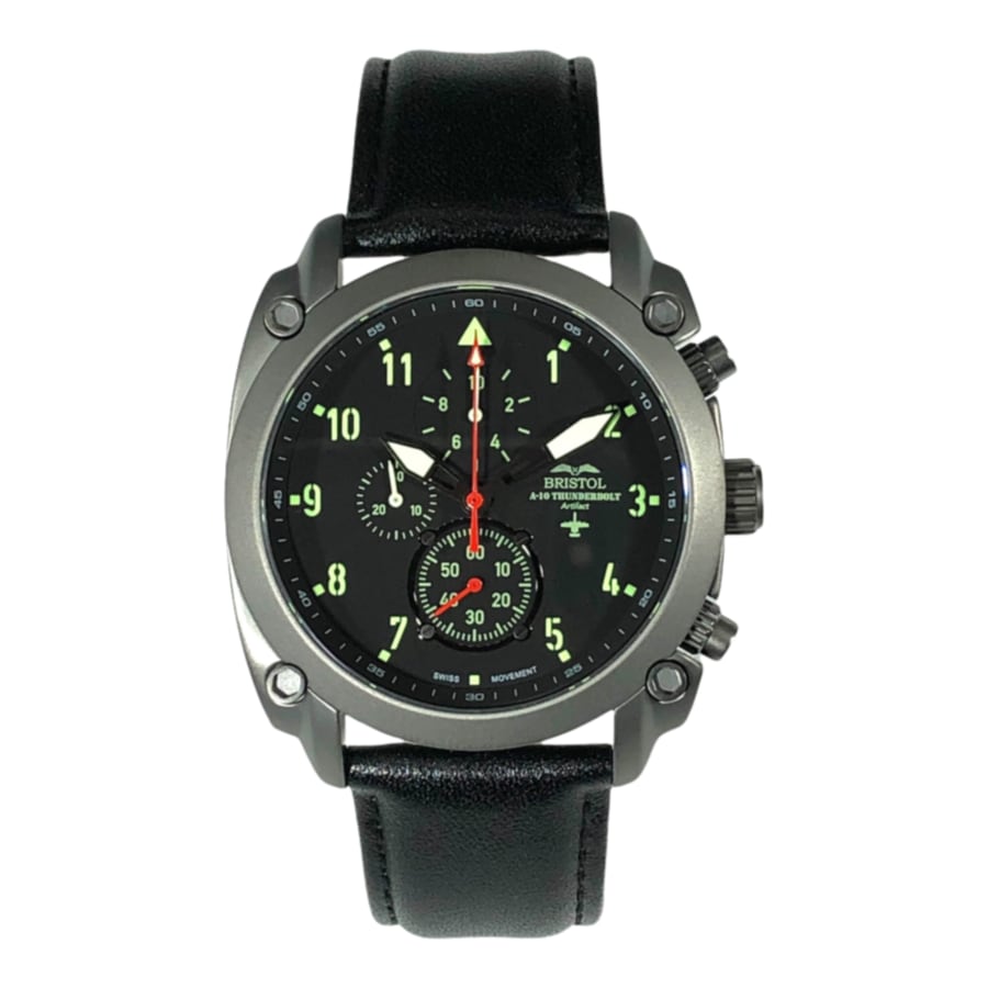 Bristol Aviator Watches A - 10 Thunderbolt Tribute - Gunmetal Finish, Leather Band - Angler's Pro Tackle & Outdoors