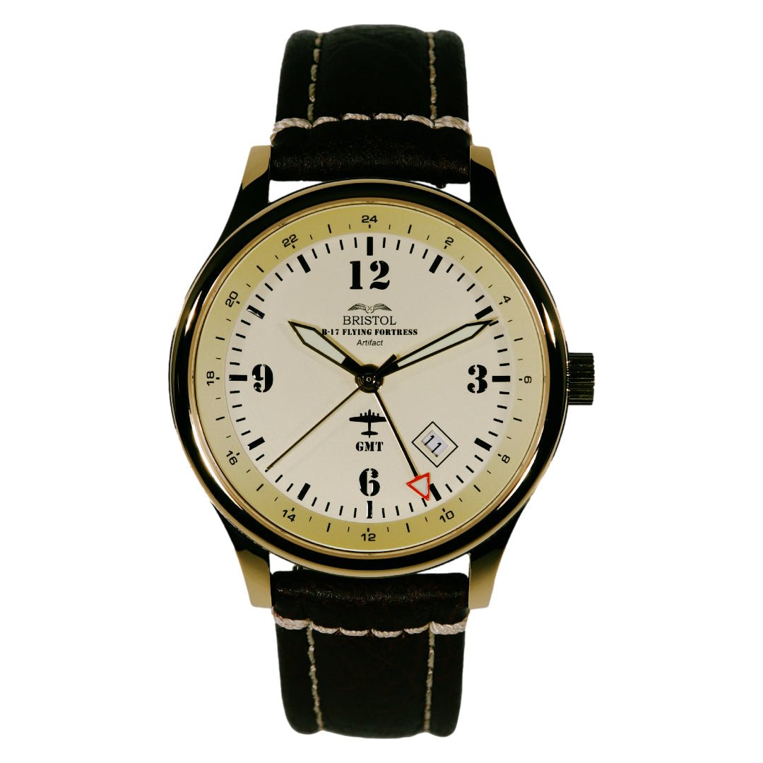 Bristol Aviator Watches B - 17 Tribute - Gold Finish, Beige Dial, Stainless Steel, Brown Leather Band with Stitching - Angler's Pro Tackle & Outdoors