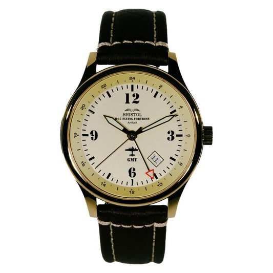 Bristol Aviator Watches B - 17 Tribute - Gold Finish, Beige Dial, Stainless Steel, Brown Leather Band with Stitching - Angler's Pro Tackle & Outdoors