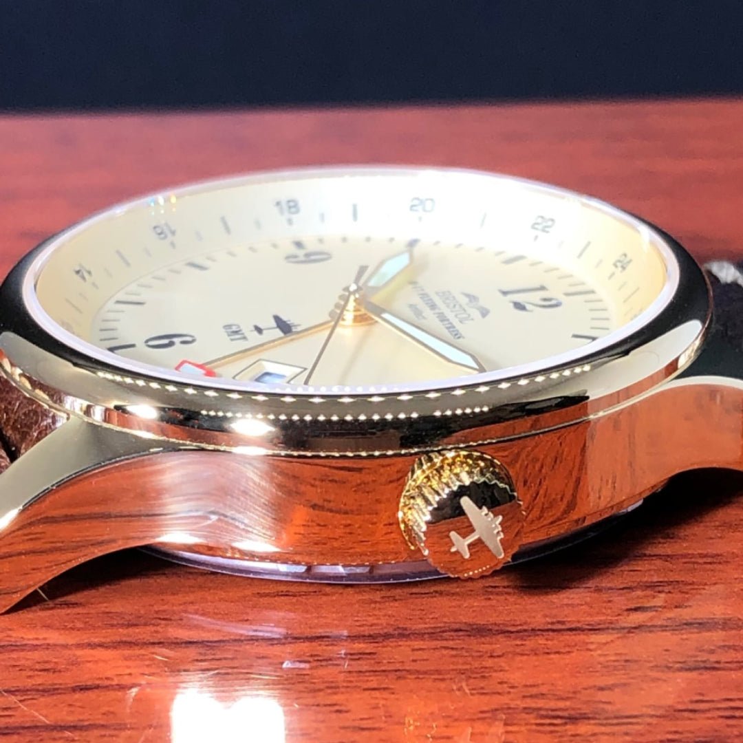 Bristol Aviator Watches B - 17 Tribute - Gold Finish, Beige Dial, Stainless Steel, Brown Leather Band with Stitching - Angler's Pro Tackle & Outdoors