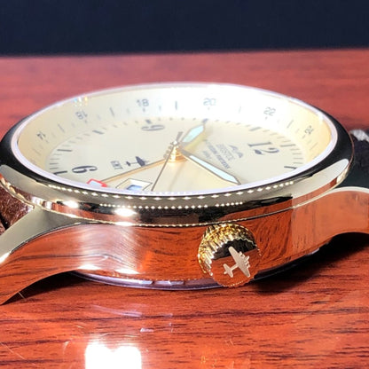 Bristol Aviator Watches B - 17 Tribute - Gold Finish, Beige Dial, Stainless Steel, Brown Leather Band with Stitching - Angler's Pro Tackle & Outdoors