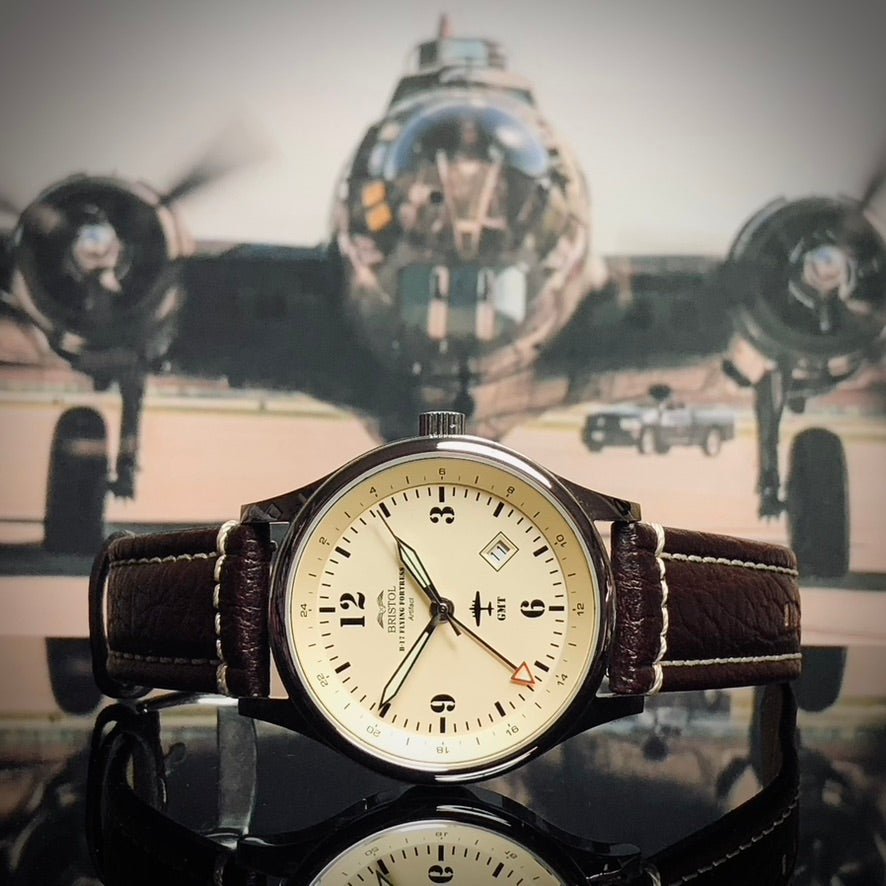 Bristol Aviator Watches B - 17 Tribute - Polished Finish, Beige Dial, Stainless Steel, Brown Leather Band with Stitching - Angler's Pro Tackle & Outdoors