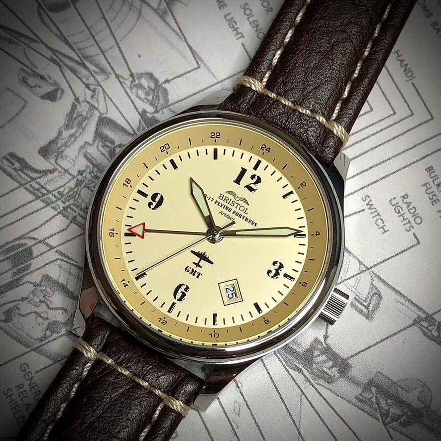 Bristol Aviator Watches B - 17 Tribute - Polished Finish, Beige Dial, Stainless Steel, Brown Leather Band with Stitching - Angler's Pro Tackle & Outdoors