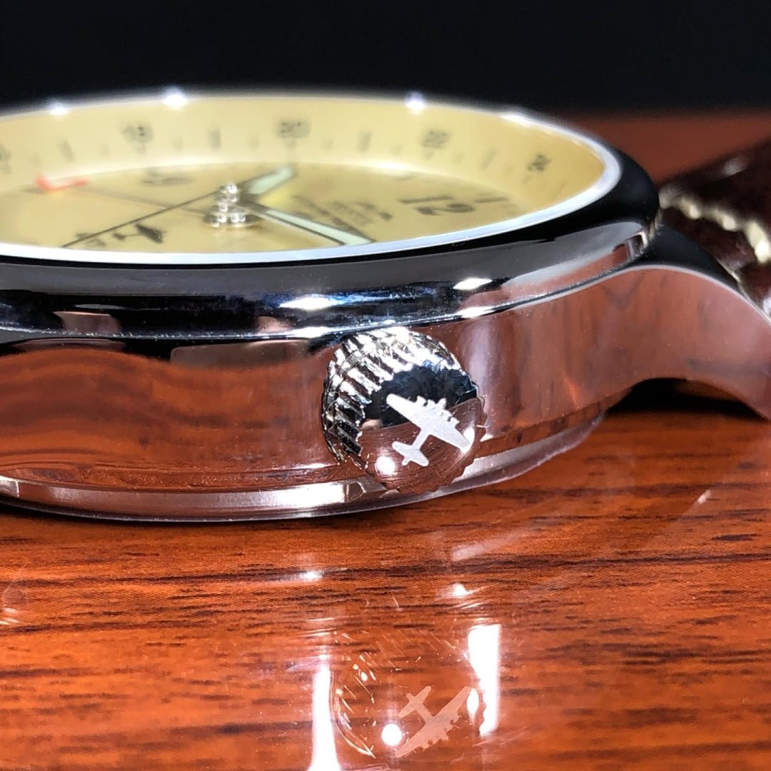 Bristol Aviator Watches B - 17 Tribute - Polished Finish, Beige Dial, Stainless Steel, Brown Leather Band with Stitching - Angler's Pro Tackle & Outdoors