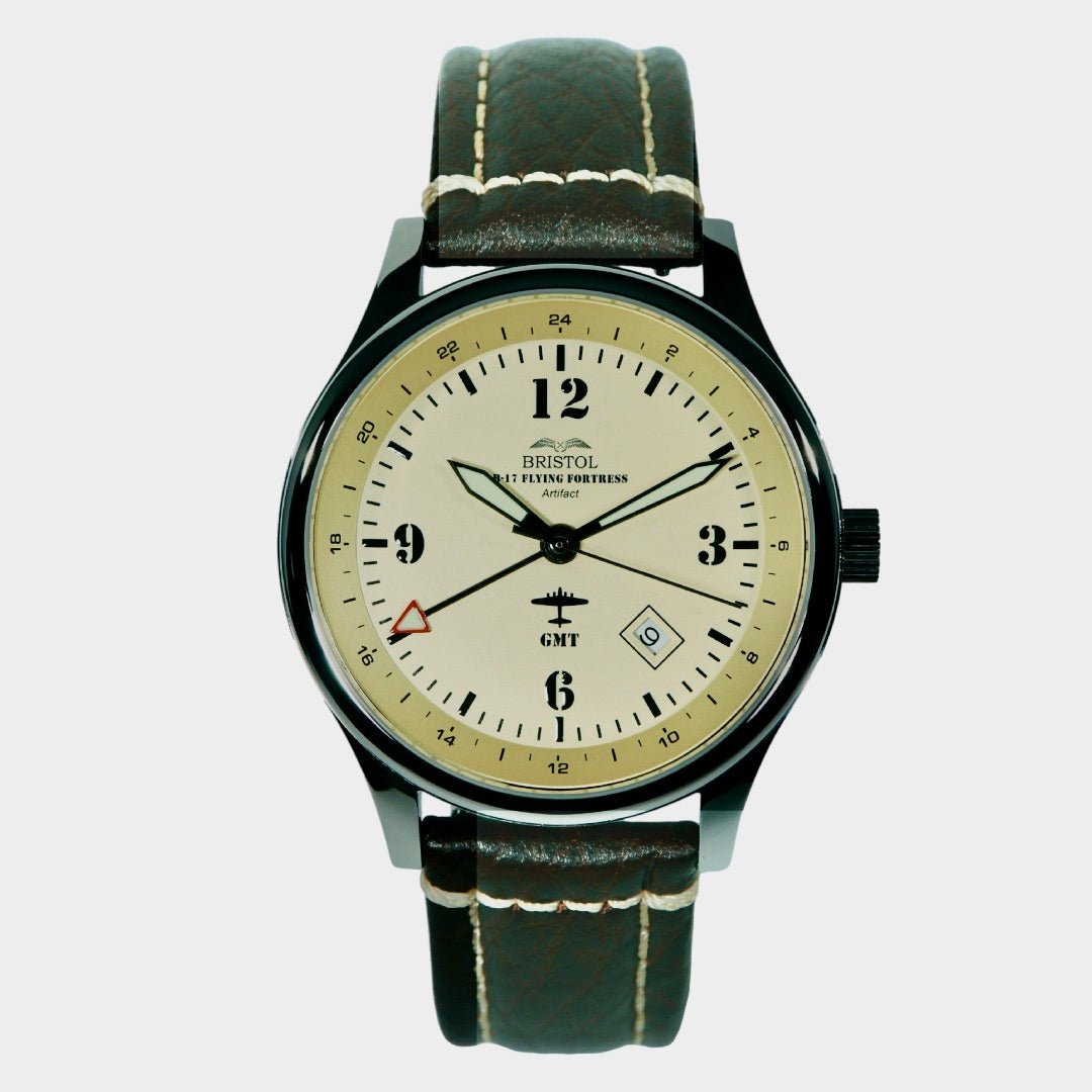 Bristol Aviator Watches B - 17 Tribute - Polished Finish, Beige Dial, Stainless Steel, Brown Leather Band with Stitching - Angler's Pro Tackle & Outdoors