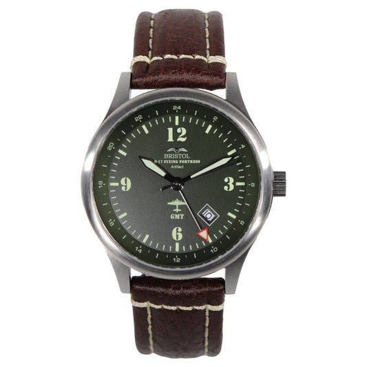 Bristol Aviator Watches B - 17 Tribute - Stainless Brush Finish, Dark Green Dial, Brown Leather Band with Stitching - Angler's Pro Tackle & Outdoors