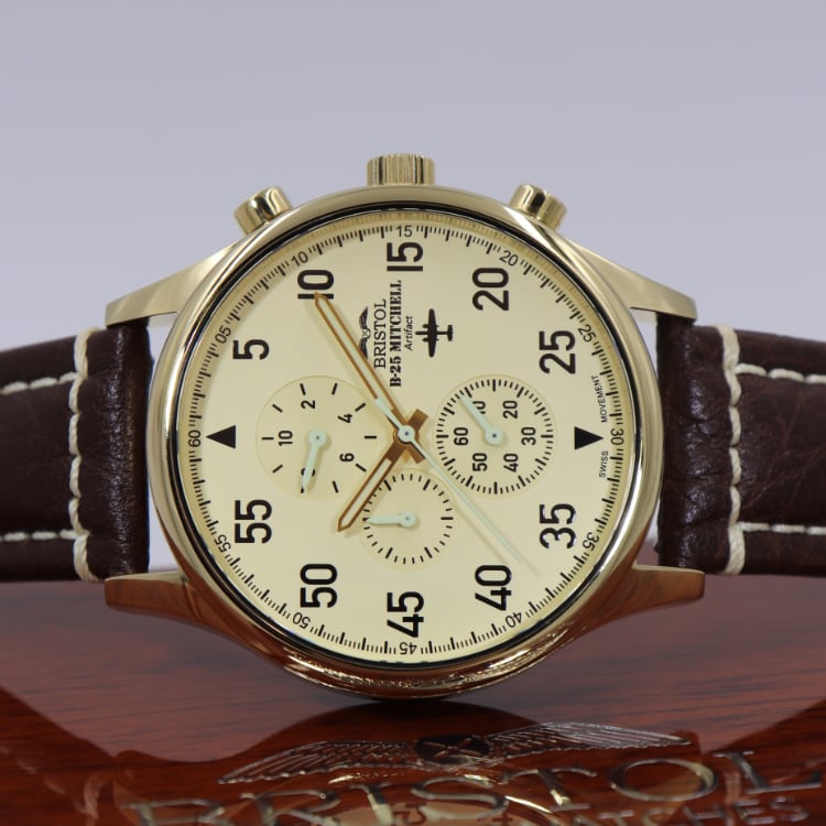 Bristol Aviator Watches B - 25 Mitchell Tribute - Gold Finish, Beige Dial, Brown Leather Band with Stitching - Angler's Pro Tackle & Outdoors