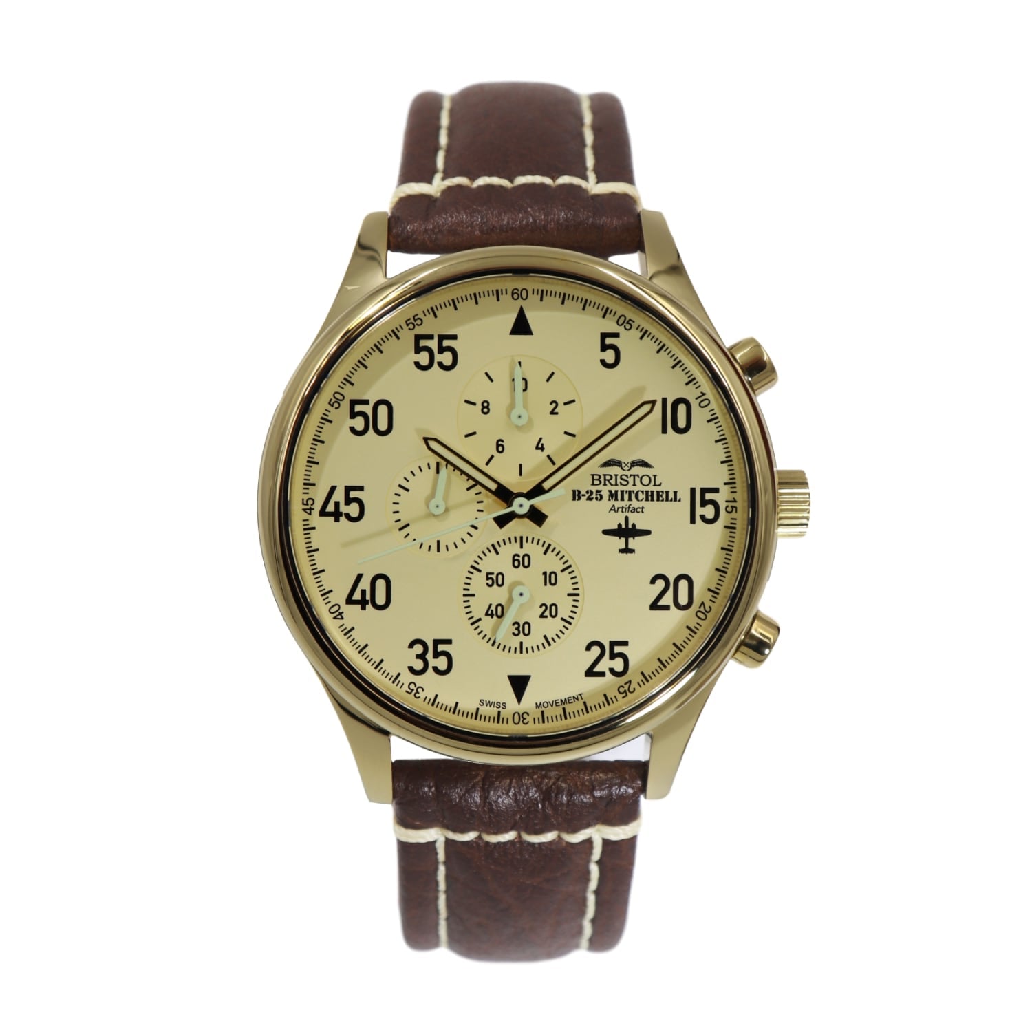 Bristol Aviator Watches B - 25 Mitchell Tribute - Gold Finish, Beige Dial, Brown Leather Band with Stitching - Angler's Pro Tackle & Outdoors