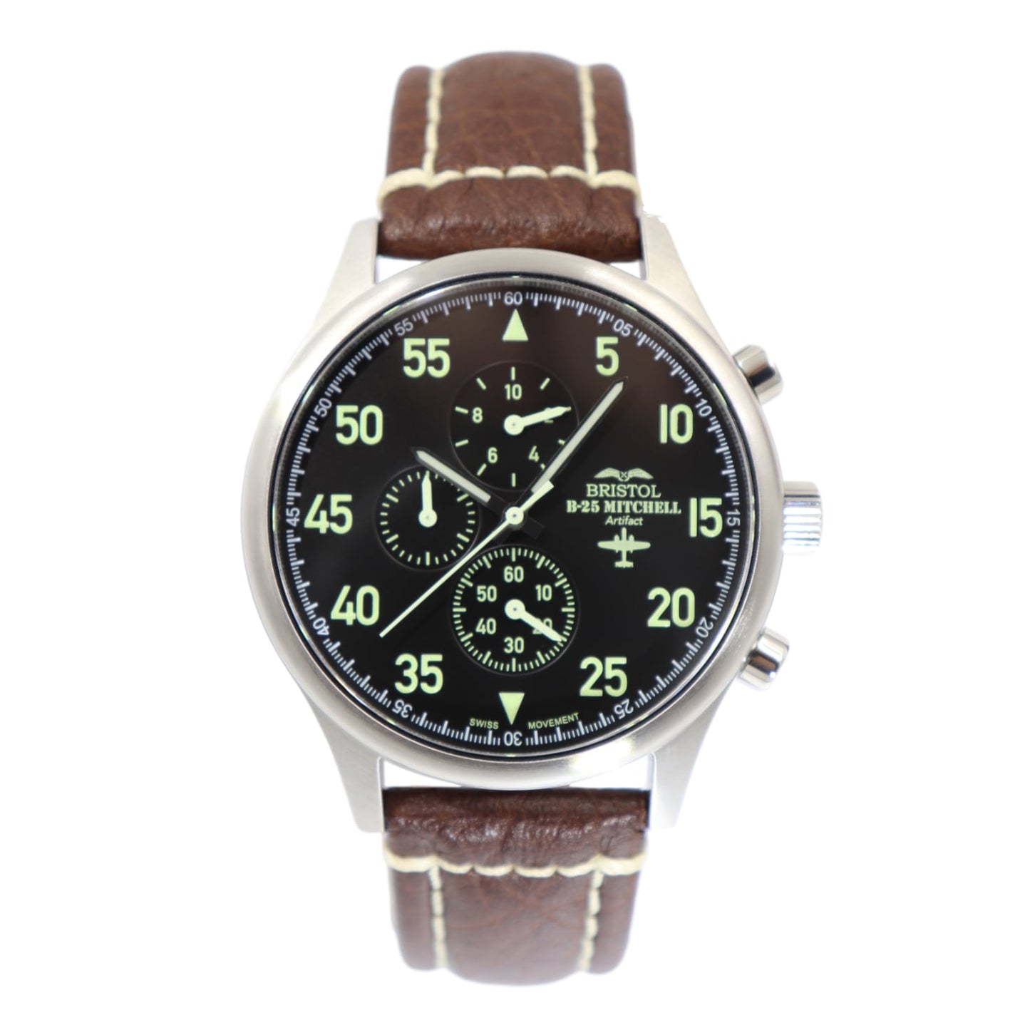 Bristol Aviator Watches B - 25 Mitchell Tribute - Stainless Steel, Brush Finish, Black Dial, Brown Leather Stitched Band - Angler's Pro Tackle & Outdoors