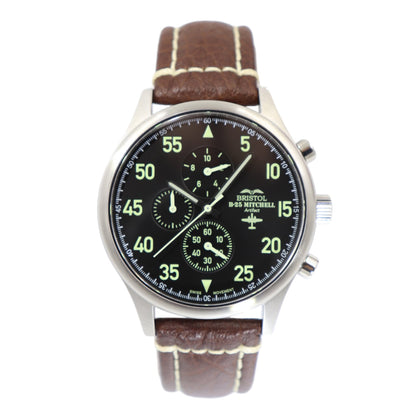 Bristol Aviator Watches B - 25 Mitchell Tribute - Stainless Steel, Brush Finish, Black Dial, Brown Leather Stitched Band - Angler's Pro Tackle & Outdoors