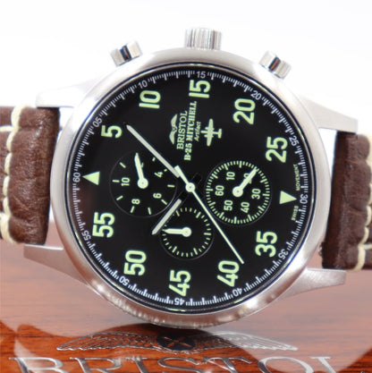 Bristol Aviator Watches B - 25 Mitchell Tribute - Stainless Steel, Brush Finish, Black Dial, Brown Leather Stitched Band - Angler's Pro Tackle & Outdoors