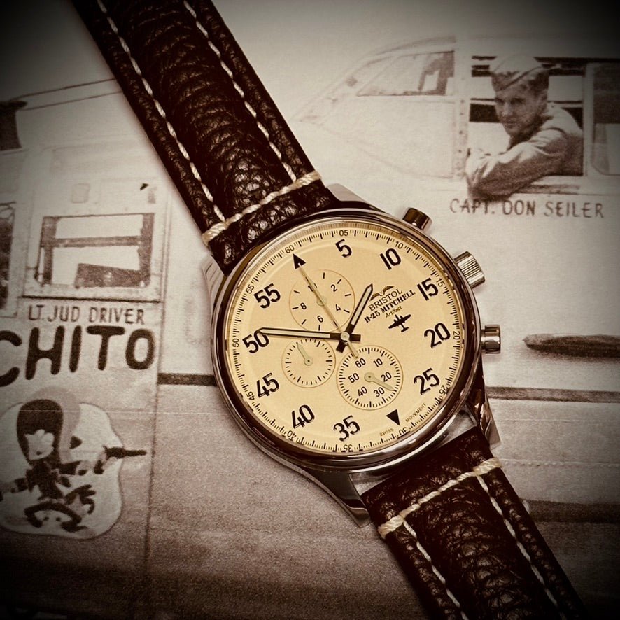 Bristol Aviator Watches B - 25 Mitchell Tribute - Stainless Steel, Polished Finish, Beige Dial, Brown Leather Band with Stitching - Angler's Pro Tackle & Outdoors