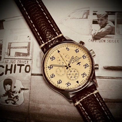 Bristol Aviator Watches B - 25 Mitchell Tribute - Stainless Steel, Polished Finish, Beige Dial, Brown Leather Band with Stitching - Angler's Pro Tackle & Outdoors