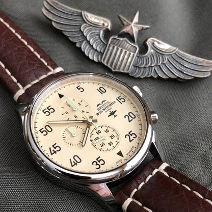 Bristol Aviator Watches B - 25 Mitchell Tribute - Stainless Steel, Polished Finish, Beige Dial, Brown Leather Band with Stitching - Angler's Pro Tackle & Outdoors