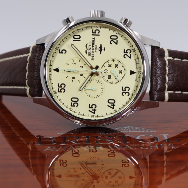 Bristol Aviator Watches B - 25 Mitchell Tribute - Stainless Steel, Polished Finish, Beige Dial, Brown Leather Band with Stitching - Angler's Pro Tackle & Outdoors