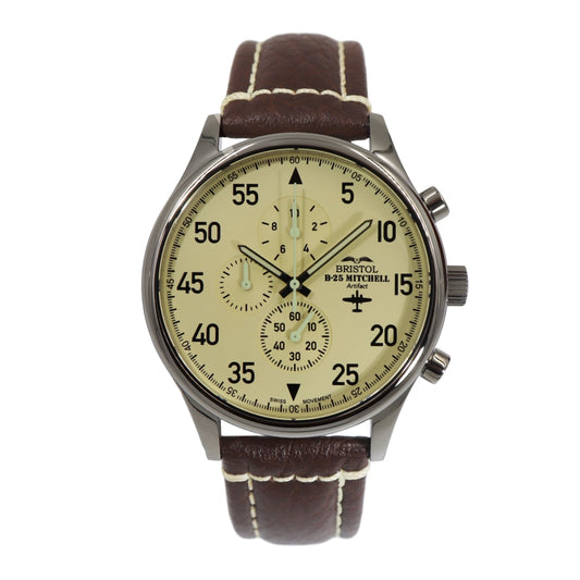 Bristol Aviator Watches B - 25 Mitchell Tribute - Stainless Steel, Polished Finish, Beige Dial, Brown Leather Band with Stitching - Angler's Pro Tackle & Outdoors