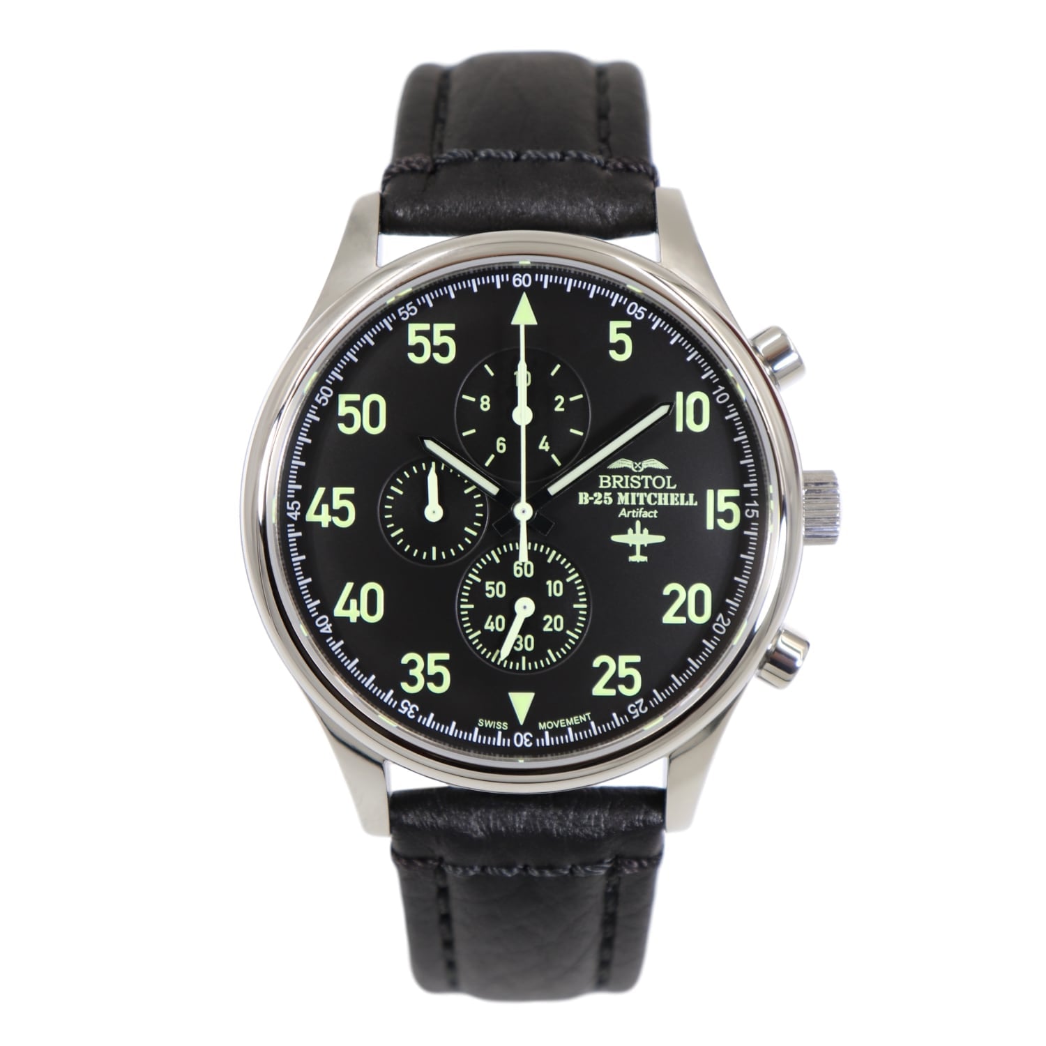 Bristol Aviator Watches B - 25 Mitchell Tribute - Stainless Steel, Polished Finish, Black Leather Band - Angler's Pro Tackle & Outdoors