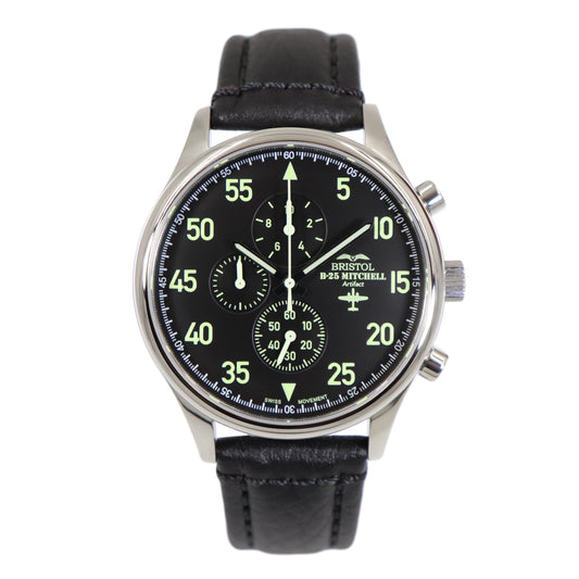 Bristol Aviator Watches B - 25 Mitchell Tribute - Stainless Steel, Polished Finish, Black Leather Band - Angler's Pro Tackle & Outdoors