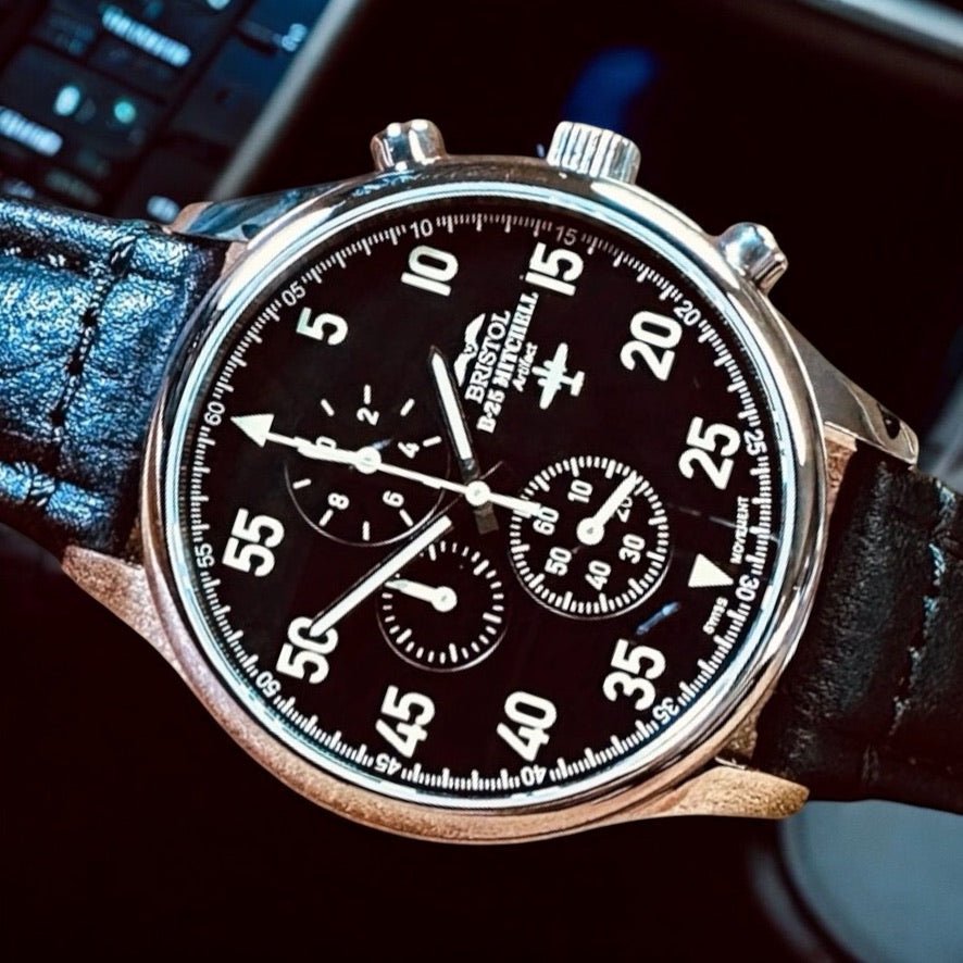 Bristol Aviator Watches B - 25 Mitchell Tribute - Stainless Steel, Polished Finish, Black Leather Band - Angler's Pro Tackle & Outdoors