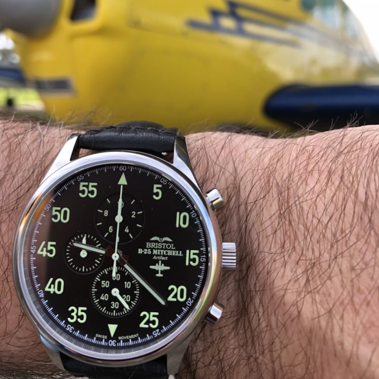 Bristol Aviator Watches B - 25 Mitchell Tribute - Stainless Steel, Polished Finish, Black Leather Band - Angler's Pro Tackle & Outdoors