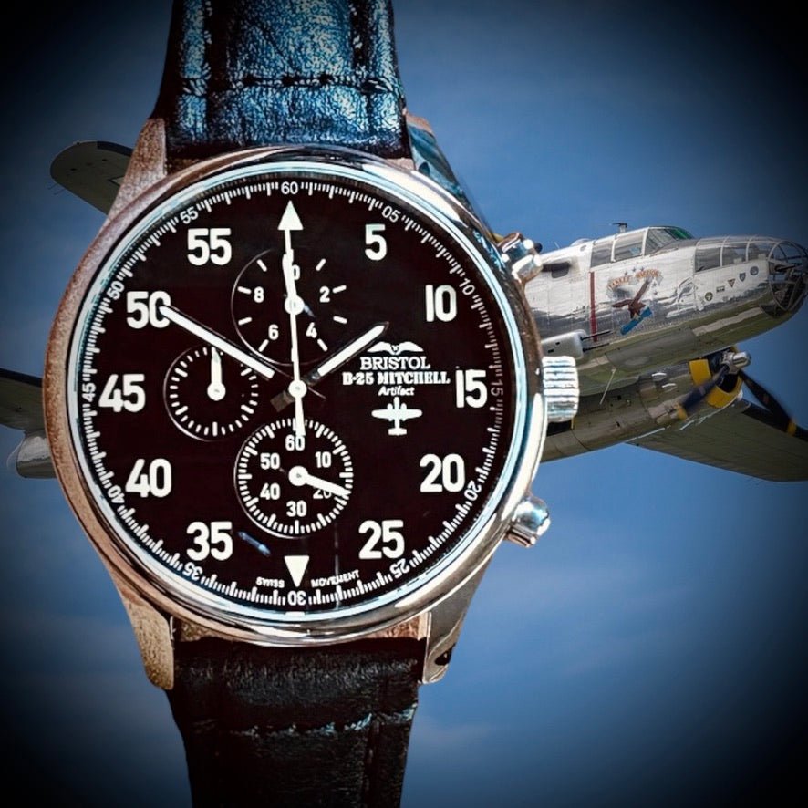 Bristol Aviator Watches B - 25 Mitchell Tribute - Stainless Steel, Polished Finish, Black Leather Band - Angler's Pro Tackle & Outdoors