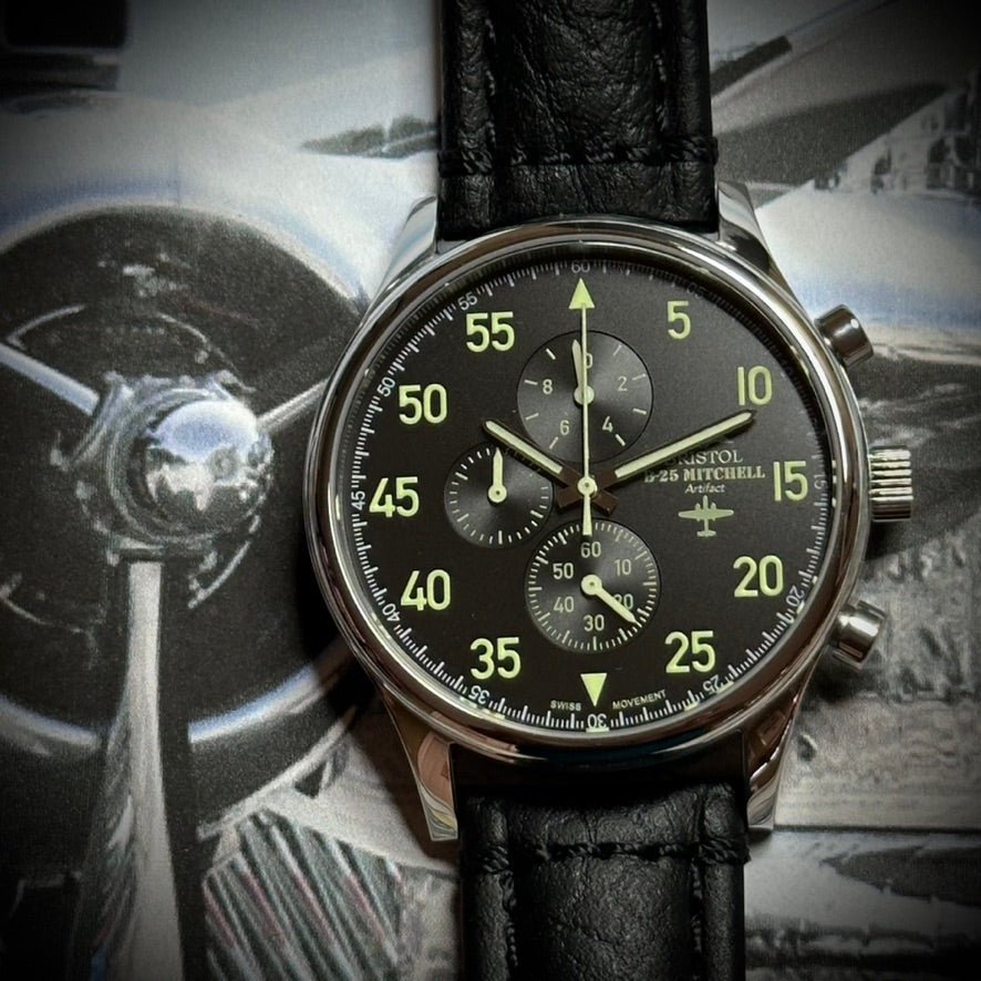 Bristol Aviator Watches B - 25 Mitchell Tribute - Stainless Steel, Polished Finish, Black Leather Band - Angler's Pro Tackle & Outdoors