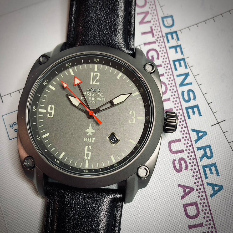 Bristol Aviator Watches F - 18 Hornet Tribute - Gun Metal Finish, Gray Dial, Black Leather Band - Angler's Pro Tackle & Outdoors