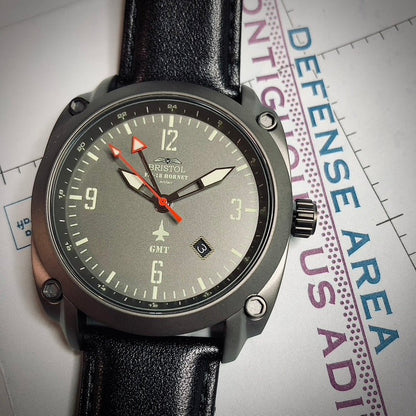 Bristol Aviator Watches F - 18 Hornet Tribute - Gun Metal Finish, Gray Dial, Black Leather Band - Angler's Pro Tackle & Outdoors