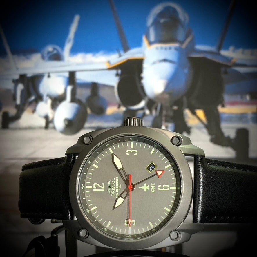 Bristol Aviator Watches F - 18 Hornet Tribute - Gun Metal Finish, Gray Dial, Black Leather Band - Angler's Pro Tackle & Outdoors