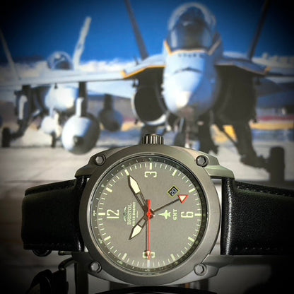 Bristol Aviator Watches F - 18 Hornet Tribute - Gun Metal Finish, Gray Dial, Black Leather Band - Angler's Pro Tackle & Outdoors