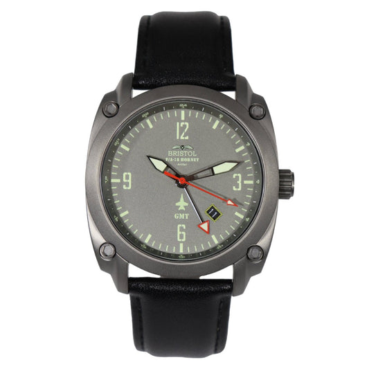 Bristol Aviator Watches F - 18 Hornet Tribute - Gun Metal Finish, Gray Dial, Black Leather Band - Angler's Pro Tackle & Outdoors