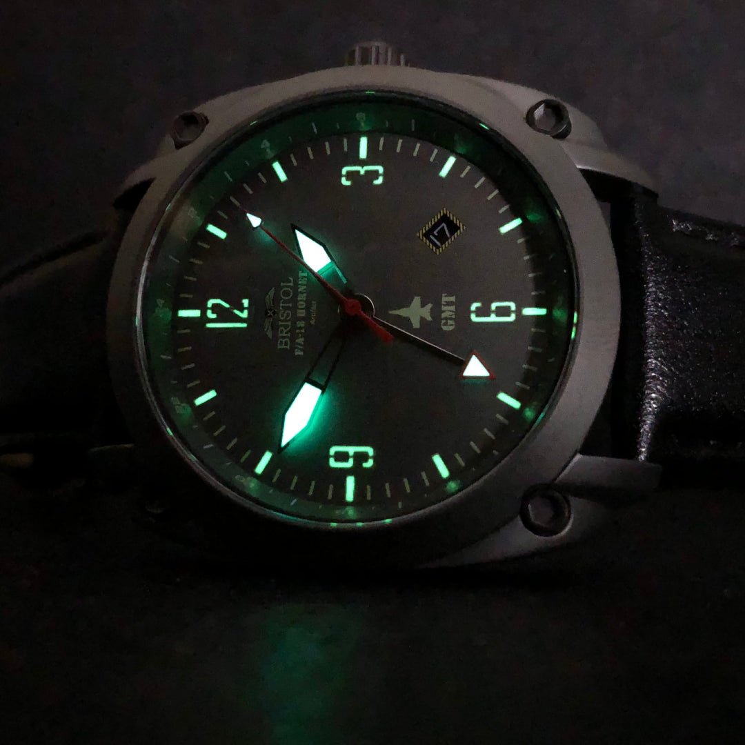 Bristol Aviator Watches F - 18 Hornet Tribute - Gun Metal Finish, Gray Dial, Black Leather Band - Angler's Pro Tackle & Outdoors