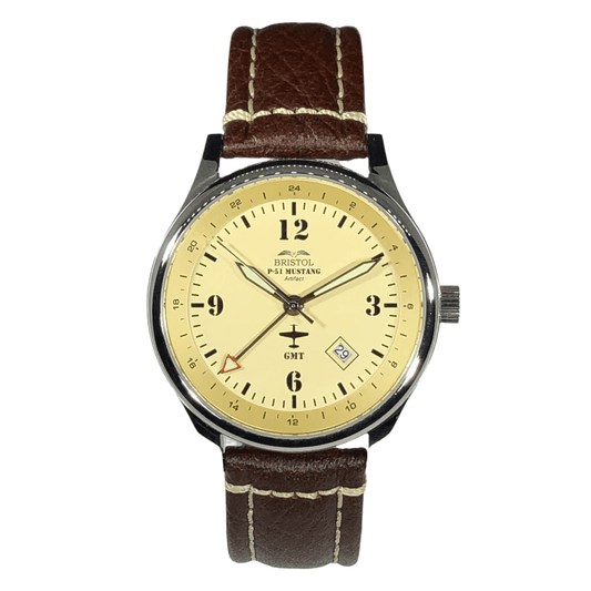 Bristol Aviator Watches P - 51 Mustang Tribute - Polished Finish, Beige Dial, Brown Leather Band - Angler's Pro Tackle & Outdoors