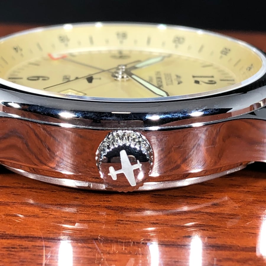 Bristol Aviator Watches P - 51 Mustang Tribute - Polished Finish, Beige Dial, Brown Leather Band - Angler's Pro Tackle & Outdoors