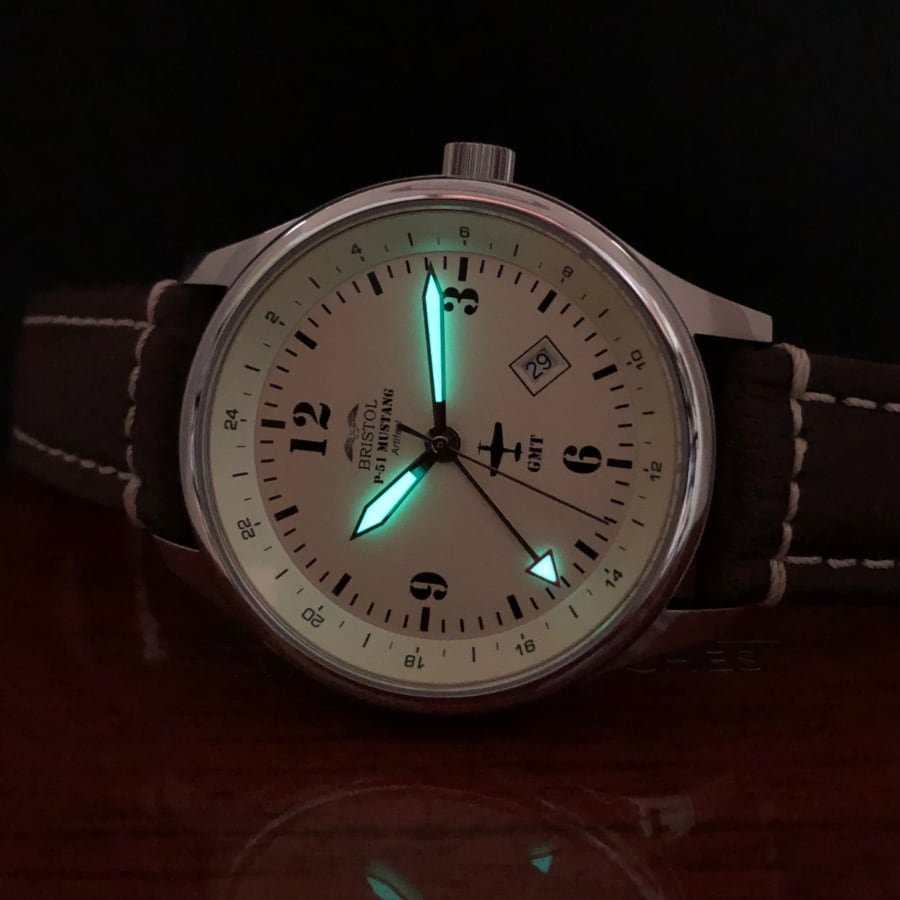 Bristol Aviator Watches P - 51 Mustang Tribute - Polished Finish, Beige Dial, Brown Leather Band - Angler's Pro Tackle & Outdoors