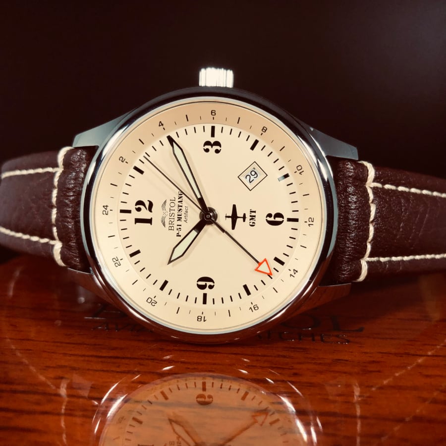 Bristol Aviator Watches P - 51 Mustang Tribute - Polished Finish, Beige Dial, Brown Leather Band - Angler's Pro Tackle & Outdoors