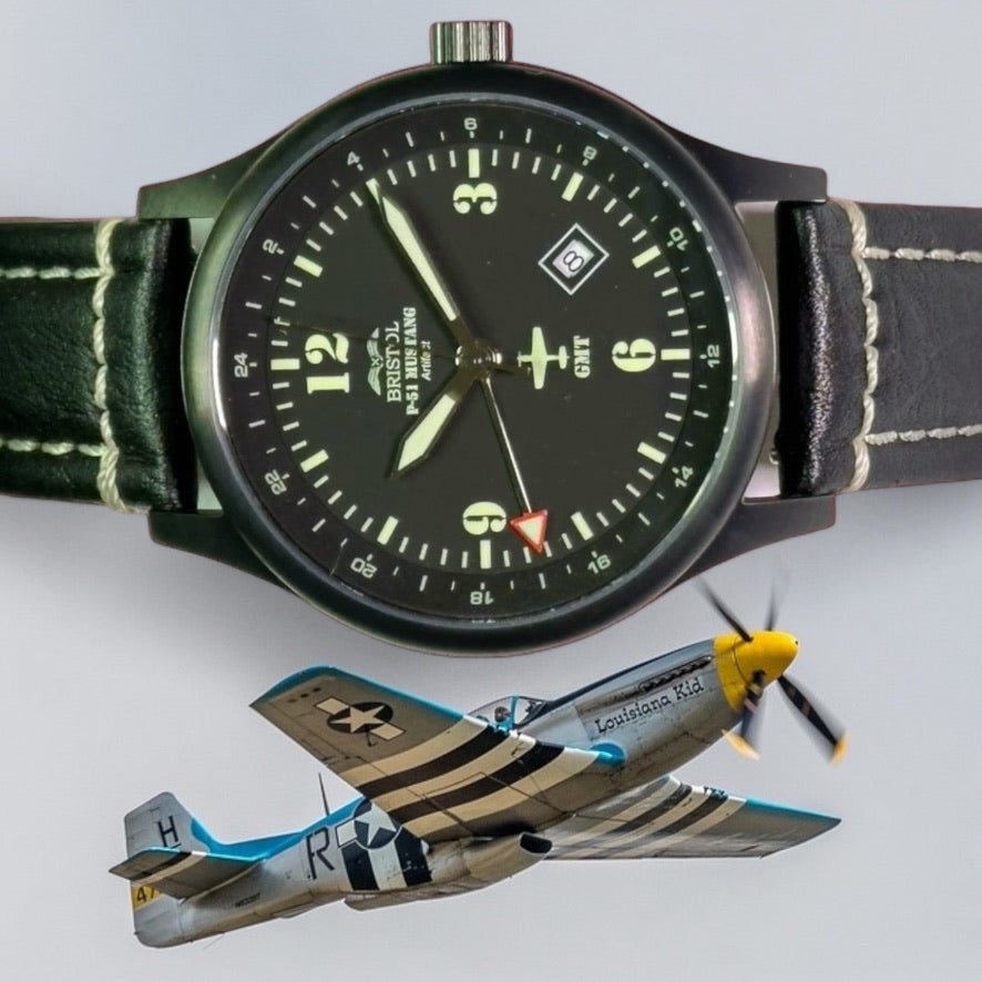 Bristol Aviator Watches P - 51 Mustang Tribute - Stainless Steel, Black Finish, Black Leather Band - Angler's Pro Tackle & Outdoors