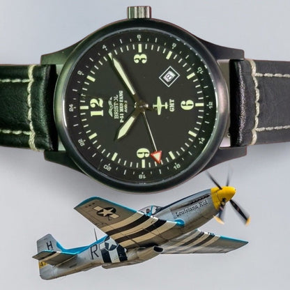 Bristol Aviator Watches P - 51 Mustang Tribute - Stainless Steel, Black Finish, Black Leather Band - Angler's Pro Tackle & Outdoors